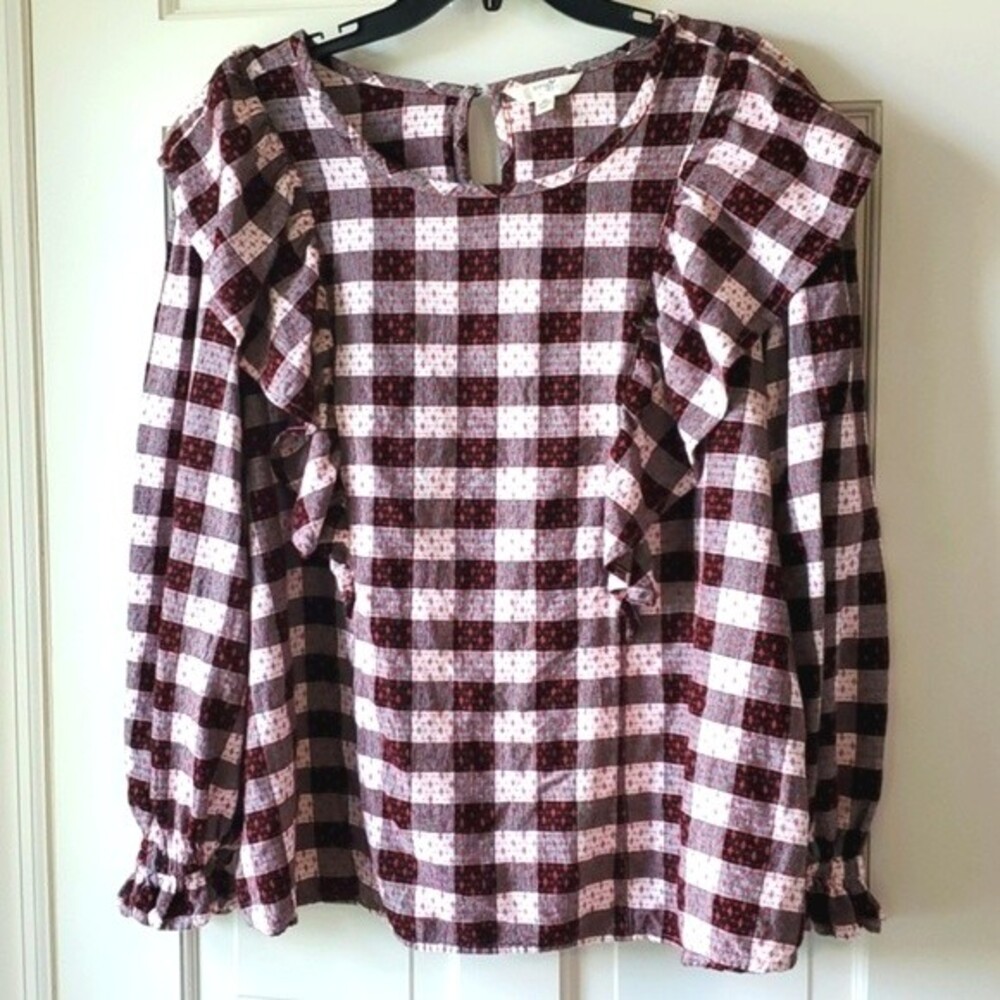 BUFFALO CHECK RUFFLE TOP SIZE PLUS 2X BLACK WHITE LONG SLEEVE COTTON 20-22W